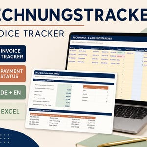 Pode incluir: Uma planilha digital de rastreamento de faturas exibida na tela de um laptop e de um tablet. A interface apresenta colunas para números de fatura, nomes de clientes, datas e status. Texto: RECHNUNGS- & ZAHLUNGSTRACKER e INVOICE DASHBOARD.