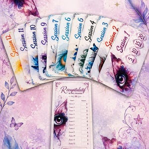 Peut inclure: Un ensemble de douze cartes rectangulaires étiquetées Session 1 à Session 12, avec des illustrations aquarelles d'yeux et de papillons dans des tons violets et bleus, ainsi qu'une carte récapitulative intitulée Récapitulatif de mes sessions.