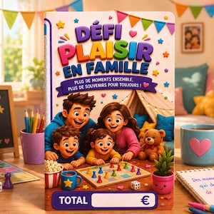 Peut inclure: Un livre intitulé DÉFI PLAISIR EN FAMILLE avec une illustration colorée d'une famille jouant à un jeu de société. La couverture comprend du texte en français, une famille de dessins animés, un ours en peluche et des fanions. Bande bleue en bas.