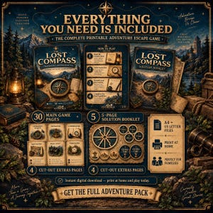 Op de afbeelding: Een printbaar avontuurlijk escape-spel genaamd The Lost Compass, met 30 hoofdspelpagina's, een oplossingenboekje van 5 pagina's en 4 pagina's met uitknipbare extra's. De set bevat instructies, spelkaarten en fiches, ontworpen voor A4-thuisafdrukken.