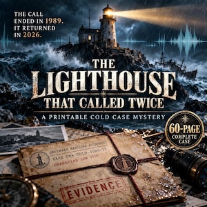 May include: A printable cold case mystery titled The Lighthouse That Called Twice, featuring a 60-page complete case. The image shows a lighthouse, a shipwreck, and an evidence envelope marked Greywake Maritime Authority, Case GMA-COLD-1989-17.