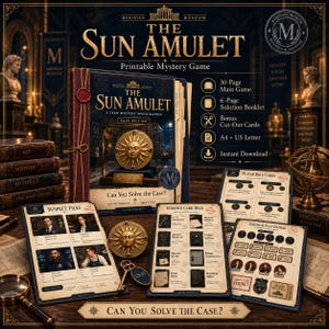 May include: The Sun Amulet printable mystery game set includes a 30-page main game, a 6-page solution booklet, bonus cut-out cards, and suspect files. The kit features a gold sun-themed amulet, a key, and various evidence and player role cards.