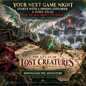 May include: A digital game cover titled The Atlas of Lost Creatures featuring a cracked glowing egg, a compass, a white winged creature, and a volcanic landscape. Text reads: Your next game night starts with a missing explorer, a torn atlas, and an egg about to crack.