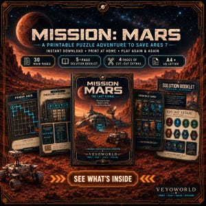 May include: A printable puzzle adventure game titled Mission: Mars featuring a main cover, power grid, emergency access code, crew role cards, solution booklet, and cut-out extras. The set includes 30 main pages, a 5-page solution booklet, and 4 pages of cut-out extras in A4 and US Letter formats, all set against a Martian landscape.