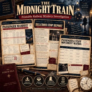 Könnte beinhalten: Ein druckbares Eisenbahn-Krimi-Set mit dem Titel The Midnight Train, bestehend aus einer Passagierliste, einem Bellcross-Haltestellenbericht und einer Bewegungsmatrix für Personal. Enthält einen Füllfederhalter, eine Taschenuhr und eine Akte.
