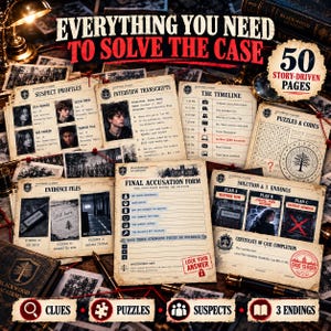 Può includere: Un kit di gioco giallo con 50 pagine narrative, inclusi profili dei sospettati, trascrizioni di interviste, una cronologia, enigmi, codici, fascicoli di prove, un modulo di accusa finale e un certificato di completamento del caso risolto.