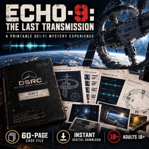 Pode incluir: Um jogo de mistério de ficção científica imprimível intitulado ECHO-9: THE LAST TRANSMISSION, apresentando uma pasta de investigação preta, esquemas de estação, manifestos de tripulação e registros de comunicação com gráficos de ondas sonoras azuis.
