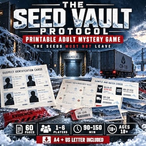 Könnte beinhalten: Das druckbare Mystery-Spiel für Erwachsene The Seed Vault Protocol enthält Verdächtigen-Identifikationskarten, Beweismittel-Etiketten, Biosicherheits-Siegel und Proben-Chargenkarten. 60 Seiten, 1-6 Spieler, 90-150 Min., ab 18 Jahren.