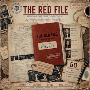 May include: A printable detective mystery kit titled The Red File, featuring a red notebook labeled Confidential, case documents with text including What Happened at Rook Station, suspect profiles, black and white photographs, and a black pen.