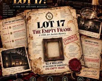 May include: A mystery game kit titled Lot 17: The Empty Frame, featuring a vintage-style investigation file with a small ornate gold frame, a red wax seal, and various documents detailing a 1998 art auction theft, including timelines and archive notes.