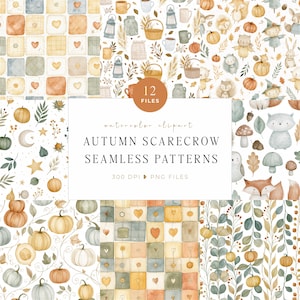 Whimsical Autumn Scarecrow Patterns, Pumpkin Patch Seamless PNG, Watercolor Fall Digital Paper, Scrapbooking, Commercial Use - CA041