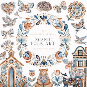Scandi Folk Art Clipart, Floral Frames and Woodland Animals PNG, Cottagecore Wedding Invitations, Commercial Use - CA053
