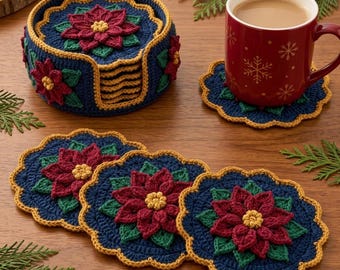 May include: A set of round, navy blue crochet coasters featuring a central red poinsettia flower with green leaves and a yellow center, with a matching navy blue crochet holder and a red mug with white snowflake patterns on one coaster.