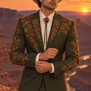 Olive Green Western Embroidered Suit Men | Rust Floral Nudie Tuxedo, Tailored Olive Cowboy Groom Attire, Desert Canyon Wedding Suit
