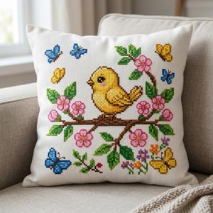 Chick & Flowers Cross Stitch Pattern