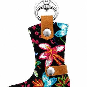 Blommig nyckelring i armband, tygnyckelring med läderdetaljer, present till henne
