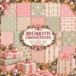 30 sömlösa julmönster i kokett-png, rosa rosetter, pärlor, polkagrisar, järnek, snöflingor, digitalt papperspaket med rouge, creme, mint