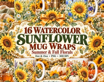 Könnte beinhalten: Eine Sammlung von 16 Aquarell-Sonnenblumen-Tassenmotiven mit Sommer- und Herbstblumen, Bienen, Waben und Kürbissen. Der Text lautet 16 WATERCOLOR SUNFLOWER MUG WRAPS Summer & Fall Florals 11oz & 15oz PNG 300 DPI.