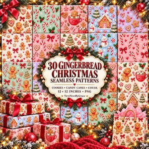 30 Gingerbread Christmas Seamless Patterns PNG, Cookies Candy Cane Cocoa, Kawaii Holiday Digital Paper, 12x12 Fabric