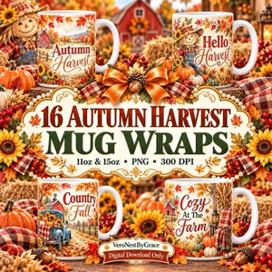 May include: Four white ceramic mugs featuring autumn harvest designs with sunflowers, pumpkins, red barns, and text including Autumn Harvest, Hello Harvest, Country Fall, and Cozy at the Farm, surrounded by fall foliage and decorative bows.