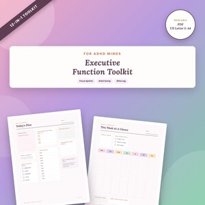 Può includere: Un kit di strumenti per le funzioni esecutive 12-in-1 per menti ADHD, con pagine di pianificazione PDF stampabili in formato US Letter e A4. Il kit include agende giornaliere con sezioni per appunti, focus sprint e registri.