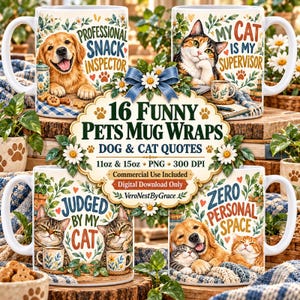 Puede incluir: Cuatro tazas de cerámica blanca con ilustraciones coloridas de perros y gatos con textos como Professional Snack Inspector, My Cat Is My Supervisor, Judged By My Cat y Zero Personal Space, decoradas con motivos florales y huellas.