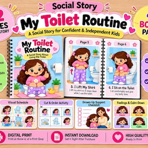 May include: A spiral-bound social story book titled My Toilet Routine featuring illustrations of a child using the toilet. The set includes a visual schedule, cut and order activity, a grown-up support checklist, and a feelings and calm-down chart.