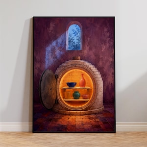 May include: A framed wall art print depicting a circular brick kiln with an open door, glowing with warm interior light. Inside, two shelves hold a collection of ceramic vessels including a blue bowl, orange vase, yellow cup, green jar, and pink bowl.