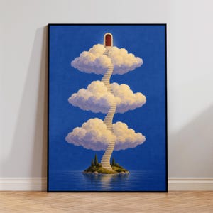 May include: A framed vertical wall art print featuring a surreal scene of a white staircase rising from a small island in blue water, winding upward through three stacked fluffy white clouds to reach a single red door set against a deep blue sky.