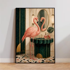 Flamingo väggkonsttryck, art déco badrumsdekor, rosa flamingo-affisch, Palm Beach väggkonst, Hollywood Regency-dekor