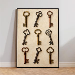 May include: A framed wall art print featuring a grid of nine vintage-style metal keys in various shapes and metallic finishes, including brass, copper, and dark iron tones, arranged against a textured, light beige background.