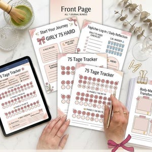 Könnte beinhalten: Ein digitales und druckbares 75-Tage-Challenge-Journal-Set mit Seiten wie Girly 75 Hard, 75 Tage Tracker und Daily Reflection. Das Set enthält Checklisten, Wasser-Tracker und phasenbasierte Fortschrittskreise auf Papier und einem Tablet-Bildschirm.