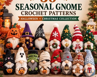 Paquete de 30 patrones de ganchillo de gnomos de temporada / Halloween y Navidad / PDF digital
