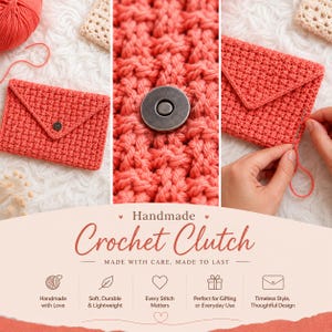 Op de afbeelding: Een koraalkleurige gehaakte clutch met een wafelsteekpatroon en een donkere magnetische metalen sluiting. De tas in envelopstijl wordt getoond in verschillende stadia van assemblage, inclusief een close-up van de sluiting en het stikwerk.