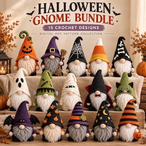May include: A collection of 15 crocheted Halloween gnomes featuring various themes including a pumpkin, witch, spiderweb, candy corn, skeleton, ghost, mummy, vampire, cat, bat, and star patterns, with the text HALLOWEEN GNOME BUNDLE 15 CROCHET DESIGNS.