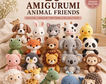 20 Häkelanleitungen für Amigurumi-Tiere, digitales PDF-Paket (Anfängerfreundlich)