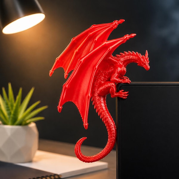 3D Printed Dragon Figurine, Climbing Monitor Decor, Fantasy Desk Ornament