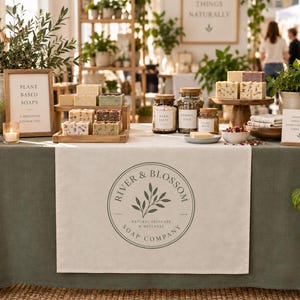 May include: A market display table featuring River & Blossom Soap Company branding on a linen runner. The setup includes various rectangular soap bars, glass jars labeled bath salts and herbal soak, and small signs with plant-based soap text.