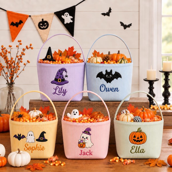 Personalized Seersucker Halloween Basket, Custom Embroidered Trick or Treat Bag, Kids Candy Basket with Name, Halloween Gift for Kids