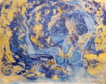 Blue Water Goddess by Lydia Erickson © 2018, Original painting, mixed media, print, acrylic paint, devotional art, wall art
