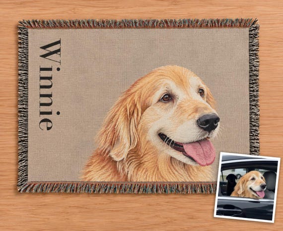 Your Pet Portrait Blanket with Name, Illustrated Woven Cotton Dog Cat Memorial Gift