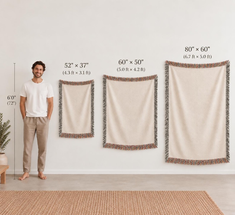 Three rectangular woven throw blankets in cream with multicolored fringed edges, displayed in sizes 52 by 37 inches, 60 by 50 inches, and 80 by 60 inches, shown alongside a person for scale to demonstrate the varying dimensions.