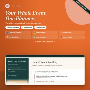 May include: A digital event planning app interface on an orange background with the text Your Whole Event. One Planner. It features buttons for Guest List, Budget Planner, Seating Chart, Bar, Checklist, and Playlist. A dashboard shows Jane & Sam's Wedding.