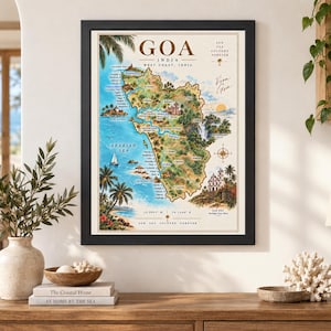 May include: A framed illustrated map of Goa, India, featuring the Arabian Sea, coastal landmarks, palm trees, and churches. The map includes the text 'GOA INDIA', 'WEST COAST, INDIA', 'Viva Goa', and geographical coordinates in a black frame.