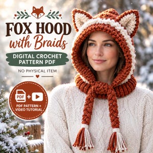 Könnte beinhalten: Eine rostorange und cremefarbene Häkelkapuze im Fuchsstil mit spitzen Ohren, geripptem Halsbereich und zwei langen geflochtenen Quasten mit Fransen. Der Text lautet FOX HOOD with Braids, DIGITAL CROCHET PATTERN PDF, NO PHYSICAL ITEM, PDF PATTERN + VIDEO TUTORIAL.