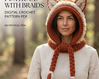 May include: A crochet fox hood featuring pointed ears, a rust-orange and cream color scheme, and two long braided tassels with cream-colored fringe ends. The text reads: FOX HOOD WITH BRAIDS, DIGITAL CROCHET PATTERN PDF, NO PHYSICAL ITEM.