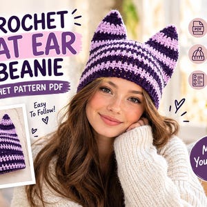Puede incluir: Un gorro de ganchillo con orejas de gato y rayas horizontales en morado y lila. La imagen incluye el texto: CROCHET CAT EAR BEANIE, CROCHET PATTERN PDF, DIGITAL DOWNLOAD, BEGINNER FRIENDLY, STEP-BY-STEP INSTRUCTIONS, Easy To Follow!, Make Your Own!