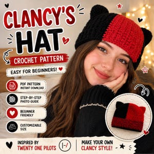 Pode incluir: Um padrão de crochê para um gorro com orelhas de gato intitulado CLANCY'S HAT. O design apresenta um padrão de blocos de cores preto e vermelho. A imagem inclui texto detalhando um padrão em PDF, guia fotográfico passo a passo e tamanhos.