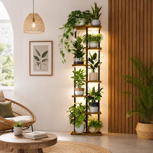Metal Wood Plant Stand with LED Grow Lights 7 Tier Tall Corner Plant Shelf Vertical Indoor Flower Pot Holder Living Room Plant Rack