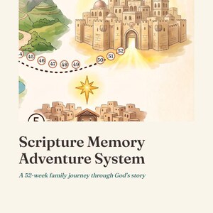 May include: A graphic illustration titled Scripture Memory Adventure System: A 52-week family journey through God's story. It features a numbered path leading to a walled city, a mountain, a star, and a small village with the text Seeds & Sparrows.